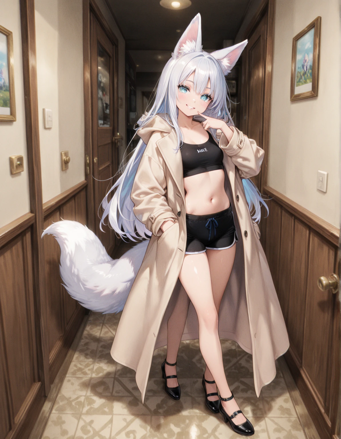 (hi res), ((masterpiece, best quality:1.0)), illustration, furry girl, animal ears, white body fur, tail, 1girl, solo, full body, long grey hair, blue eye, white crotchless pantyhose, looking at viewer, facing viewer, smile, blurry wood room background