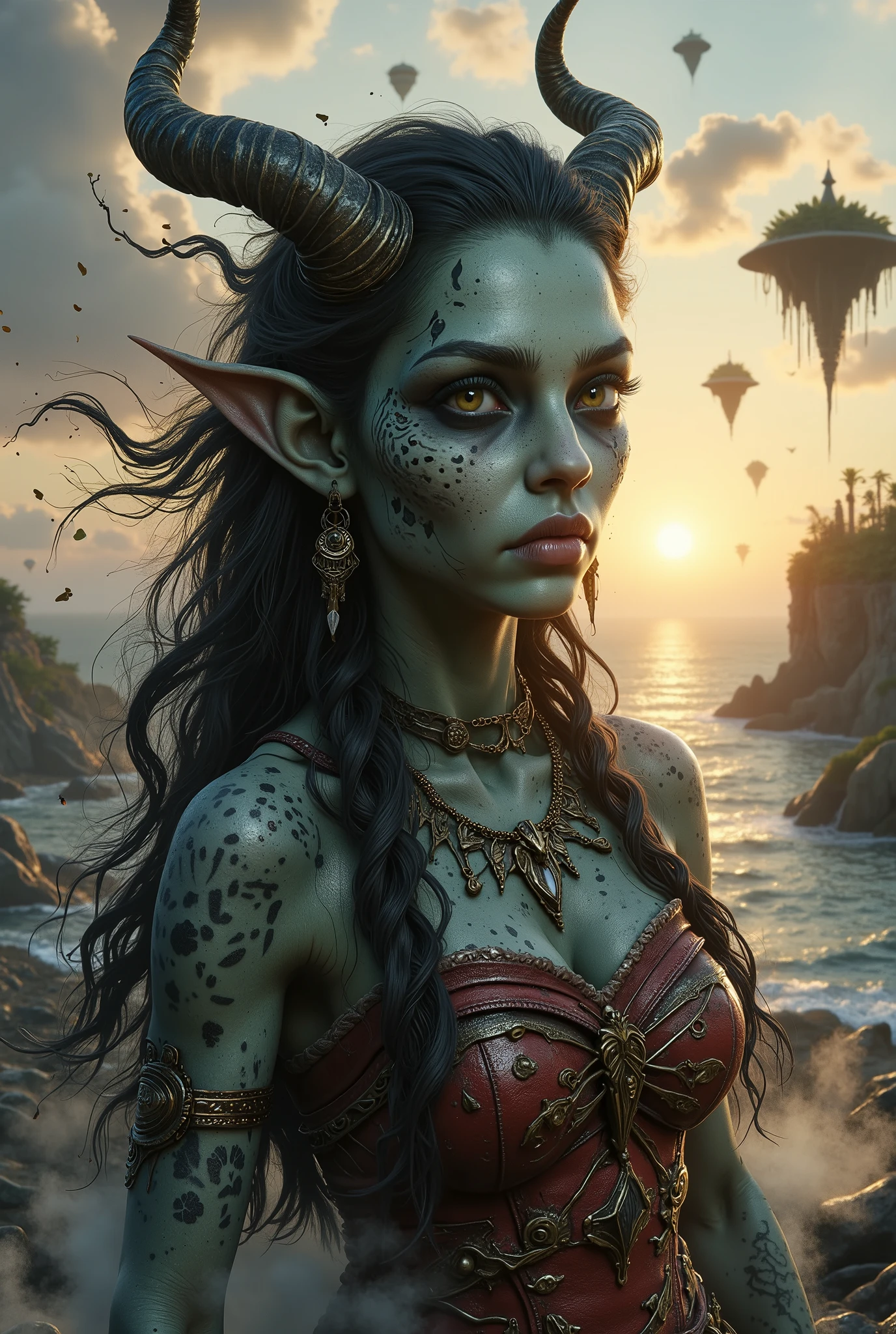 view from height,full-body-shot,obsidian The Alien Entity, half-Moana, sassiness temper,natural leather textures, hyper realisitc, hyper detailed,Extremely detailed,High contrast, ,Realistic,Ultra Detailed,intricate details,realistic humid skin,extremely intricate,Epic Realistic, Romantic, cinematic style,irina yermolova, orc's village of fishers,full body length,ominous landscape,floating islands on background in dangerous atmosphere,sunset, a Tim Burton-inspired dreamscape,Bun Hair,(Folk clothes:1.5),full body length,niobium goblin,native africa ,once pretty face,eyebrow up,full body shot,ominous landscape,niobium gray atmosphere,photo,photorealism,Masterpiece,hyper natural skin textures, hyper realism,hyper detailed,High contrast,Realism,Ultra Detailed,irina yermolova,close full body shot,32K resolution,Nikon Z9, ,demonic fog, smoke, audience, mist, featuring ultra-realistic and hyper-realistic elements, Marta Bevacqua, Ellen Jewett, Kawacy, Katsuya Terada, Carne Griffiths,concert lighting, bokeh, luminal space that feels both bright and surreal. Includes liquid fluid elements for added depth and movement. Rendered in an unreal engine and post-processed to achieve . Evokes a sense of dreamy, ethereal and mystical mood,horror pixar movie still,thriller disney movie ,pixar render, animated ,suicide,psychiatric clinic, insane fantasy,storm,cloud storm