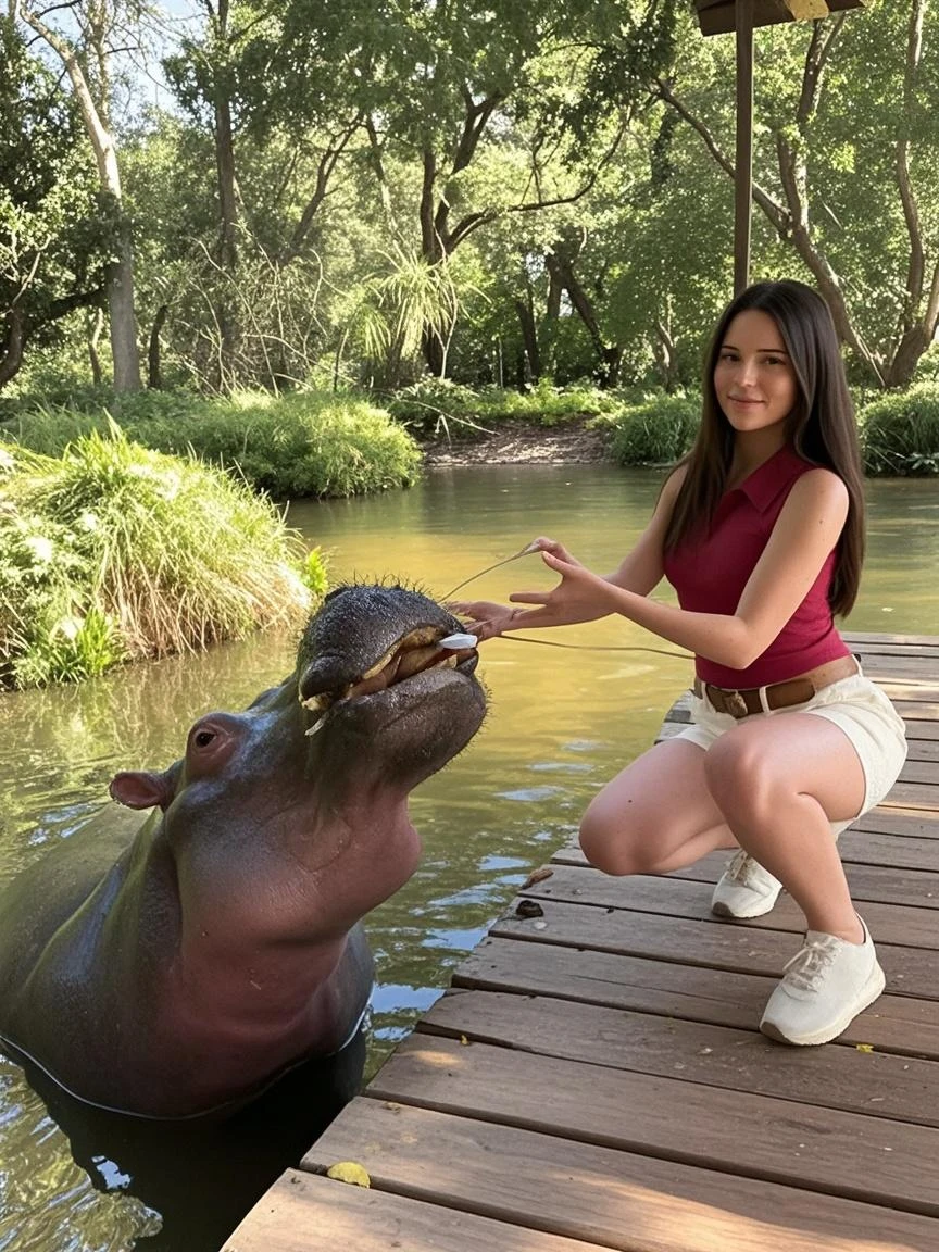 
A 30-year-old woman with red lips and an oval, slender face is sitting in various seductive poses. Beside her is a mini pig. The location is Plitvice Lakes National Park, Croatia. She is looking straight ahead, her long brown hair braided in a pigtail. She has a charming smile and is wearing a lot of jewelry. Her skin is white, her body is slim and not fat. She has large, sexy breasts and a voluptuous butt. She is wearing a bikini with red-orange rose prints. Her arms are raised high, striking various poses.
