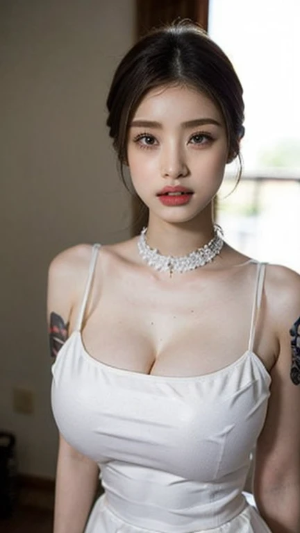 masterpiece, Highest quality, Realistic, Very detailed, Fine details, High resolution, 8k wallpaper, One beautiful woman, Wearing a bold wine-red designed dress,Beautiful slim legs、Beautiful fingertips、Full Body Shot、Beautiful white skin、Medium sized, soft looking breasts、Lighting from the side、At an expensive and luxurious restaurant in a tropical resort hotel, A lavish French meal on the table, wine glass、Beautiful light brown hair, Perfect dynamic composition, Beautiful attention to detail、jewelry、Beautiful flowers、With depth and blurred background。