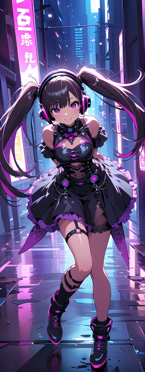 (masterpiece, best quality), ultra high res, professional artwork, ultra detailed, detailed face, cinematic lighting, intricate, 1girl, hair ribbon, collarbone, ribbon, pink eyes, twin braids, strapless dress, off-shoulder dress, cleavage, (rgb:1.4), (GAMER:1.4), HEADPHONES, huge breasts, rave festival, night, light rays, edc, rave, lens flare, led, perfect skin, long purple hair, toned, cameltoe, thighhighs, breast focus, legs focus, dramatic colors, (dancing, dance), beautiful background, detailed background, dutch angle, happy face, smile, <lora:GamerFashion-rgb-V1:1><lora:add_brightness:-1>