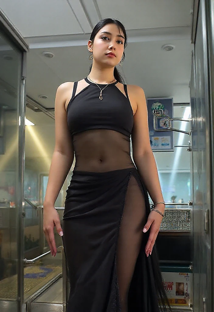 1 woman, black hair, blue pupils, delicate face, cute, love earrings, absolute sheer sundress, standing at the door of the police station, playful, ultra hd, masterpiece, best quality, super detail, accurate