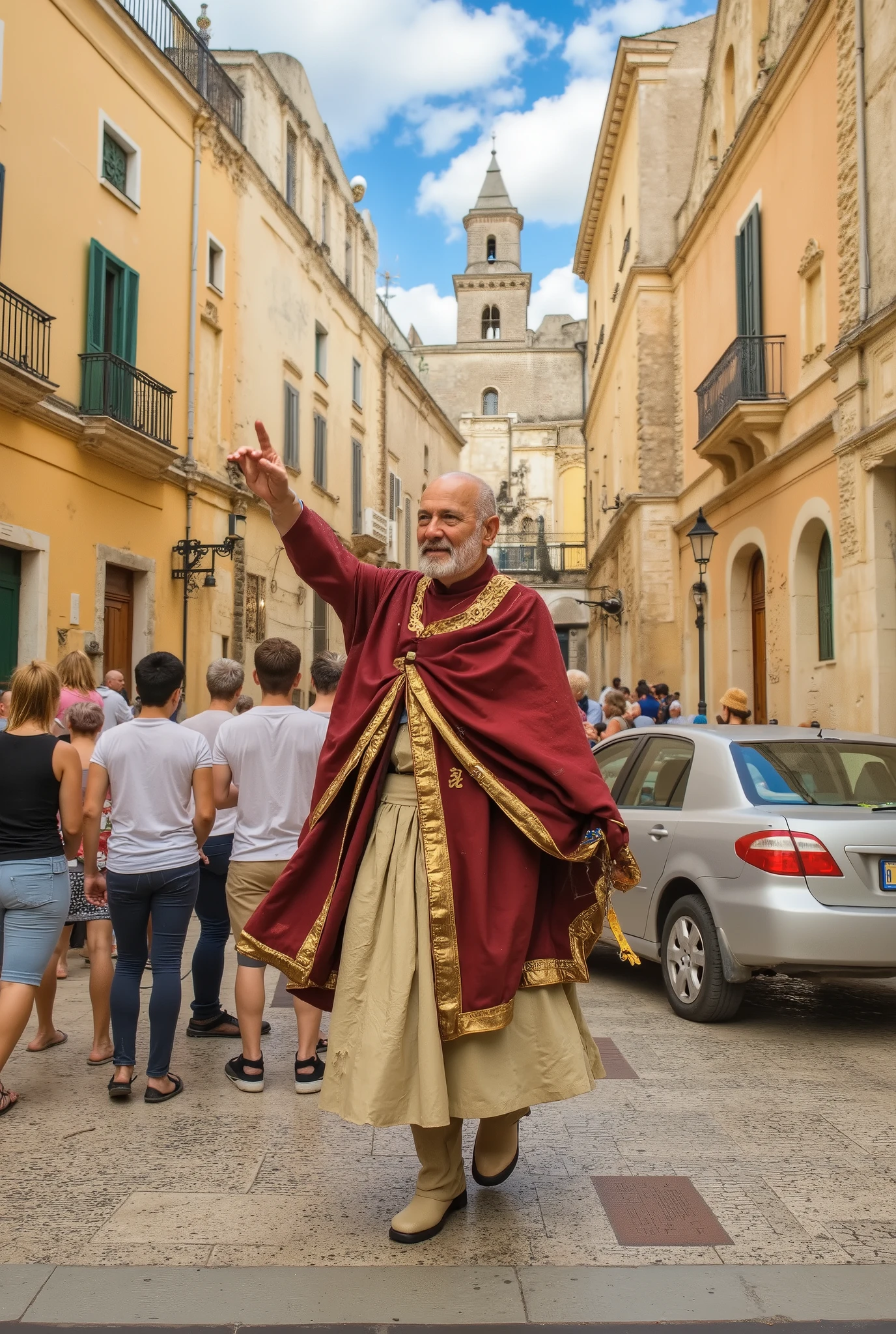 (Old male wizard in matera), (male earth mage , bald head , brown eyes , height 173cm , athletic and toned build , wearing clothes inspired by Carlo Magno , but with traditional Chinese royal monk colors (deep red and golden-yellow) , training seriously in a Matera monastery training ground , dusty atmosphere with dirt and particles in the air , focused expression , sweat on forehead and face , performing earth-element magic technique , earth energy radiating from the ground , powerful pose , strong stance , dramatic lighting , dynamic motion , highly detailed , full body). motion blur lines around the wizard in the city of Matera. rocks and plants floating in the air due to the magic power of the mage., clear sky and sassi_di_matera in background, blurred foreground, hands and arms strong, cute smile, torn cloth dress, athletic body, realistic hands, bottom view, viewed from the ground, dark skin, tuff walls in the alleys, cobblestones on the ground, extremely photorealistic shot in the haze of midday, a detailed man in sassi_di_matera