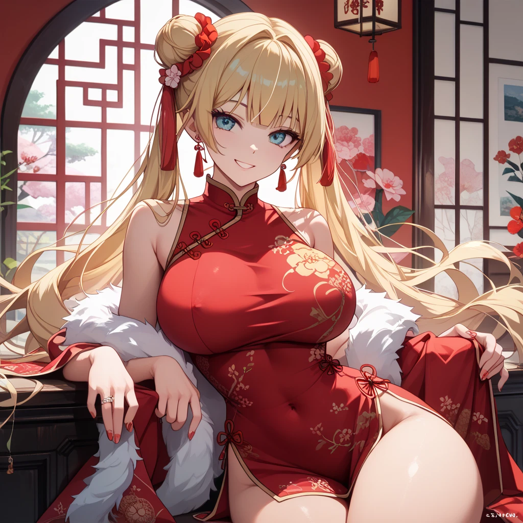 ((Highest quality)), ((masterpiece)), (detailed), (Perfect Face)、The woman is a Tieryu with green eyes, medium-long blonde hair, and is wearing a gorgeous ancient Chinese court costume embroidered with gold and red, with a gorgeous hair ornament.、The woman is an ancient Chinese empress, sitting on a magnificent throne