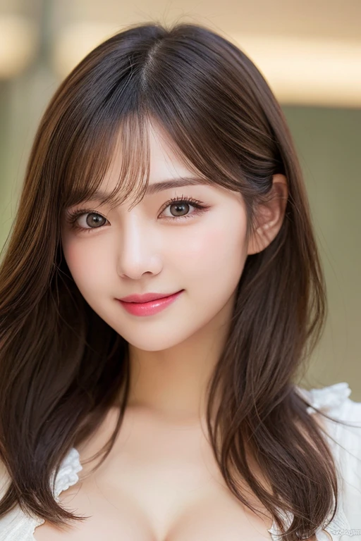 table top, highest quality, shape, Super detailed, finely, High resolution, 8k wallpaper, 完璧なダイナミックな構shape, beautiful and detailed eyes, off shoulder dress, small breasts, natural color lip,優しいsmile,20 year old girl、美しくdetailed face、perfect and beautiful face,Big eyes、美しくdetailed face、perfect and beautiful double eyelids、blur the background、Feminine poses、slim face and style、straight hair、Bedroom、lie in bed、 (get closer to the face, enlarge the face, face focus:1.0), break, (masterpiece, highest quality, Super detailed, detailed face, 8k)、real photos（best image quality）、shot from below、look up、K-POPアイドルフェイス、smile