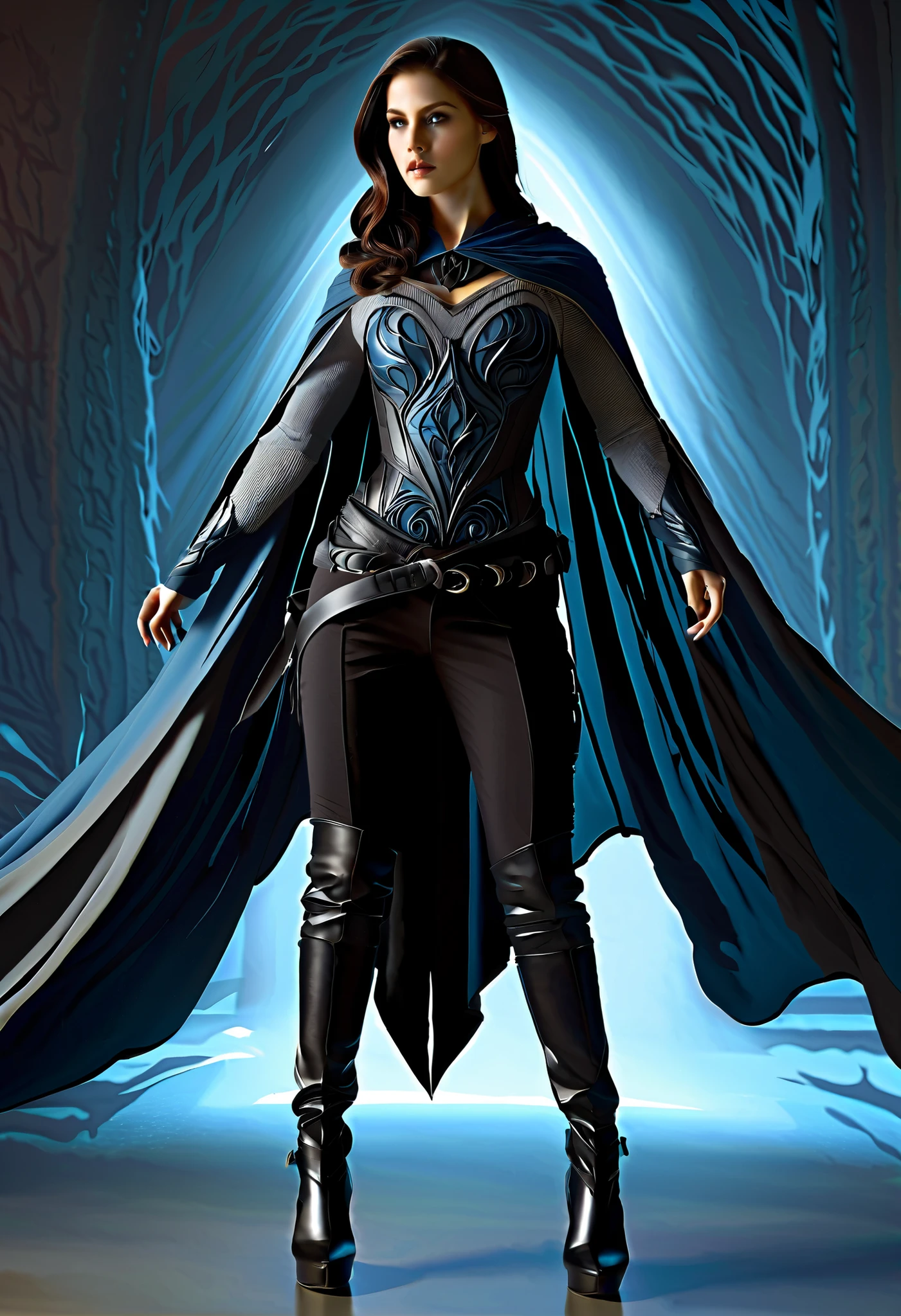 A lone woman stands prominently, her upper body clad in a dark fantasy outfit, featuring a fitted gray top with intricate, swirling designs that evoke an air of mysticism, layered under a flowing blue cape with black accents that cascade down her back like a midnight waterfall. Her black pants are cinched at the waist by a utility belt, adorned with small, gleaming metallic accents, while sleek black shoes seem to blend seamlessly with the shadows. The scene is set against a backdrop of muted, ominous lighting, with soft, ethereal glow accents that dance across her face and attire, capturing the essence of hyper-realistic detail, as if plucked straight from the pages of a dark fantasy novel, in the style of a cinematic, ultra-detailed digital painting.