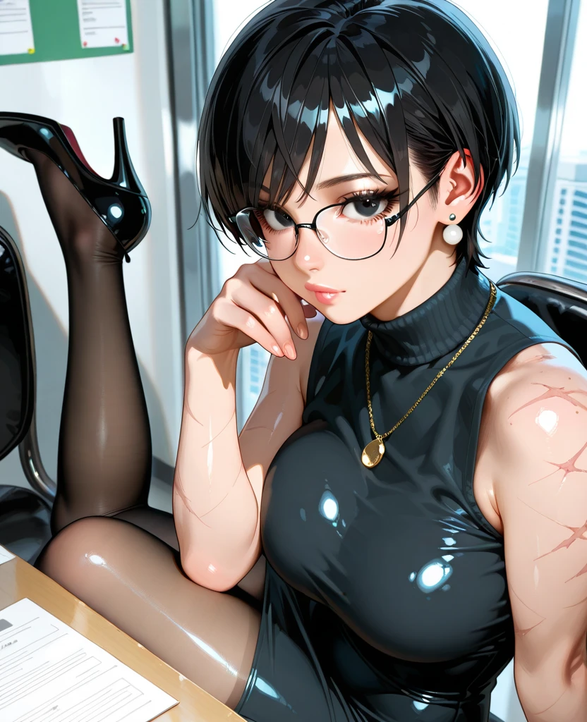 not wearing clothes, naked, vagina, pussy, medium boobs, high quality, 8k,(best quality:1.1), (masterpiece:1.4), (absurdres:1.0), 1girl, ikishima midari, short hair, black hair, eyepatch, looking at viewer, classroom, smile, (metal studs),