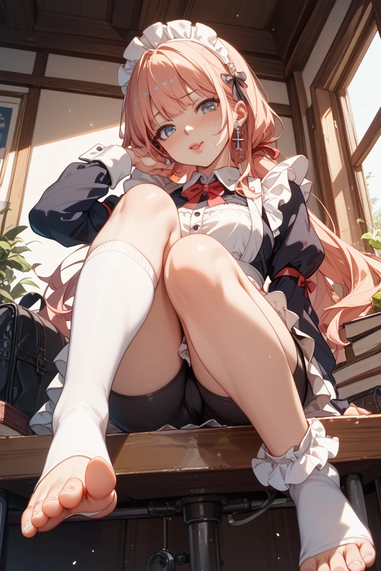 pink-haired young girl ,embarrassed, playful, red blushing face, beautiful detailed eyes, beautiful detailed lips, long pink hair flowing down, lifting skirt, short skirt, showing white panties, simple white panties, surrounded by blooming flowers, garden setting, sunshine filtering through tree leaves, magical atmosphere, colorful outfit, twirling, dainty shoes, cheeks blushing,
