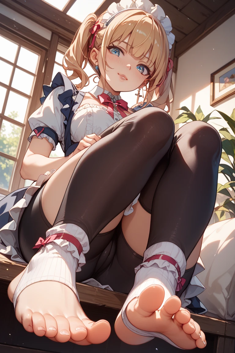 Highest quality,(Girl showing off her panties:1.3),(Beautifully detailed white panties),She teases the virgin man,(smile),(Sweating all over the body),(high school girl),She is wearing loose socks,(skirt lift by hands),She is used as a fap material.,(1 boy cum on her thigh:1.3)