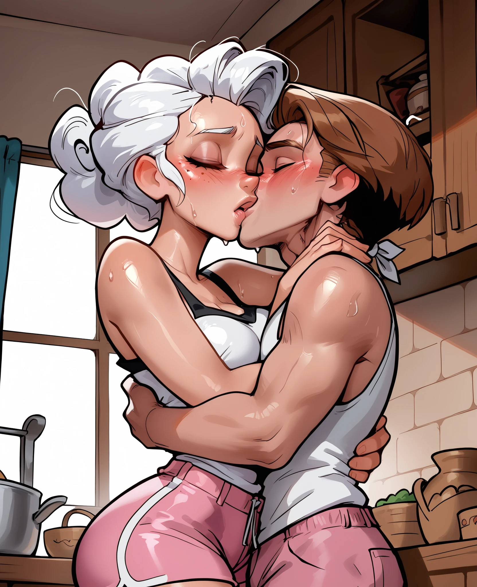 score_9, score_8_up, score_7_up, 1woman, solo, hair, closed eyes, white milky porcelain skin, white-skinned female, freckles, short black ponytail, lovely medium breasts, perfect body, white tank top, pink shorts, sweat, female organism, open mouth,  looking at viewer,  head tilt,  nose blush, blush, indoor, kitchen, day time, shiny skin, against counter, standing , upper  body, 1woman, 1boy (faceless, face on girl's face, 
intense kiss, deep kiss, kiss ),  tight hug. Dutch angle. 