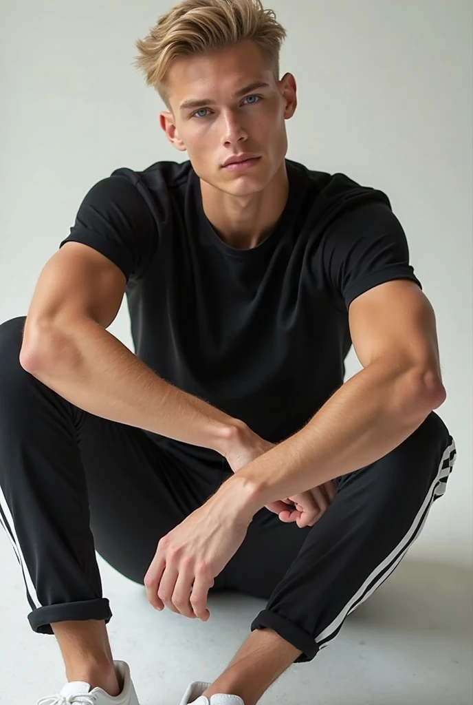 a lean, skinny, 20-year-old shirtless, exhausted, tired, panting Caucasian male wearing low-waist white sheer fabric transparent pants, black hair, sweating profusely, drenched in sweat, leaning on the wall, in the dark basement, head to waist shot