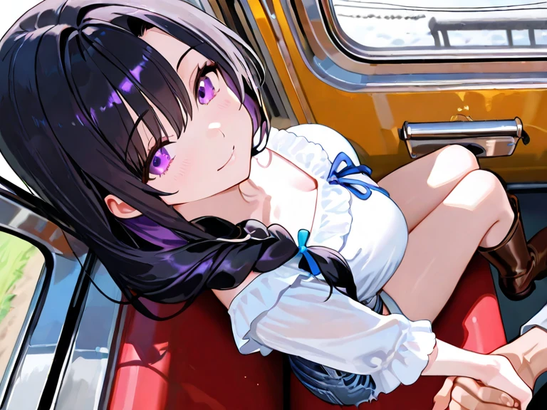((Highest quality)), ((High resolution)), ((masterpiece)), (detailed), 
View your audience, Written boundary depth, Anatomically correct, １Directly mature women, Perfect Face, Cute and symmetrical face, Shiny skin, 
(Medium Hair, Blue Hair), Hair between the eyes, Chestnut brown eyes, Long eyelashes, (Big Breasts:0.9), 
Beautiful Hair, Beautiful Face, Beautiful details, Beautiful clavicle, Beautiful body, Beautiful breasts, Beautiful thighs, Beautiful feet,
(one piece, See-through, Purple Bolero), See-through nipples, (Cute Smile), Beautiful views, I'm on the train, 