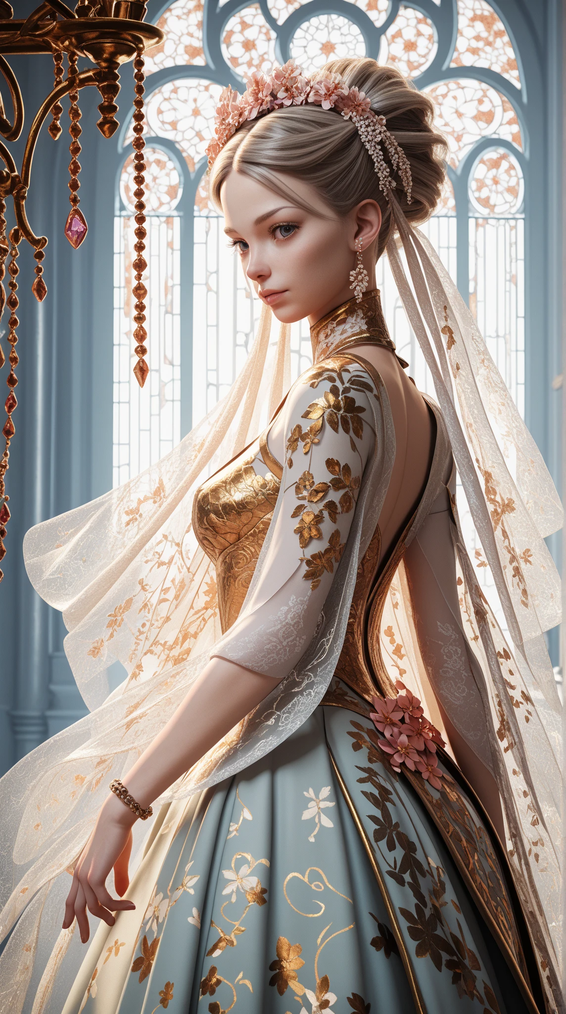 mechanical android flower by, earnst haeckel, james jean. generative art, baroque, intricate patterns, fractalism, movie still, photorealistic, vibrant peacock feathers, intricate, elegant, highly detailed, digital painting, artstation, smooth, sharp focus, illustration, outrun, vaporware,depth of field,full body shot,
1 girl:liuyifei,wedding dress,smile,breasts out,naked pussy,