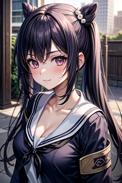 (school uniform:1.2),aimiliya,cleavage, medium breasts,light smile,best quality