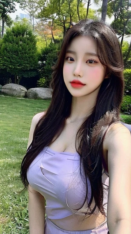 (best qualityer, 8K, Masterpiece artwork:1.3)), A pretty maiden,puros,melon seed face,Kind and cute,Um dolce sorriso,Pure Desires,Lean height,(The street),(Tilt your head),looking directly at the camera,uniforms, inner strength, formal,Long silky black, slickedback hair,Long hair falling over the shoulders,The large, round-cropped, 黑The eye,big and clear eyes,Hydrated red lips,dolce,gorgeous necklace,delicate earrings,Sitting on the edge of the pool,com blue sky e nuvens brancas,blue sky , big boobies , breasts showing , no censure , porn