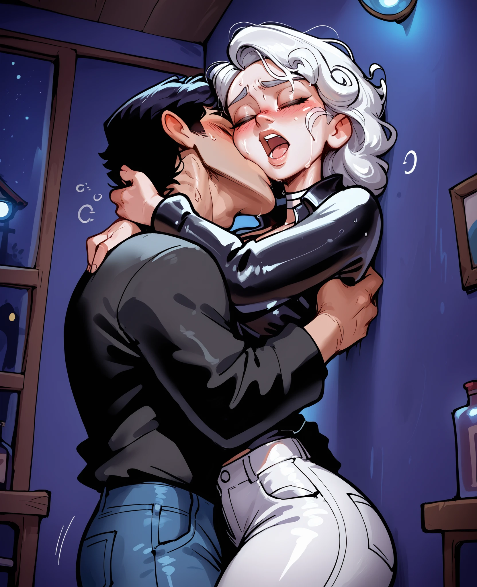 score_9, score_8_up, score_7_up, 1woman, solo, hair, closed eyes, white milky porcelain skin, white-skinned female, long straight black hair with bangs, lovely medium breasts, perfect body, partially unbuttoned black shirt, jeans, sweat, female organism, open mouth,  looking at viewer,  head tilt,  nose blush, blush, indoor, club, night time, late night, club lights, shiny skin, against wall, standing , upper  body, 1woman, 1boy, black shirt, black leather jacket, jeans, (faceless, face on girl's face, 
intense kiss, deep kiss, neck kiss ),  hug. Dutch angle. 