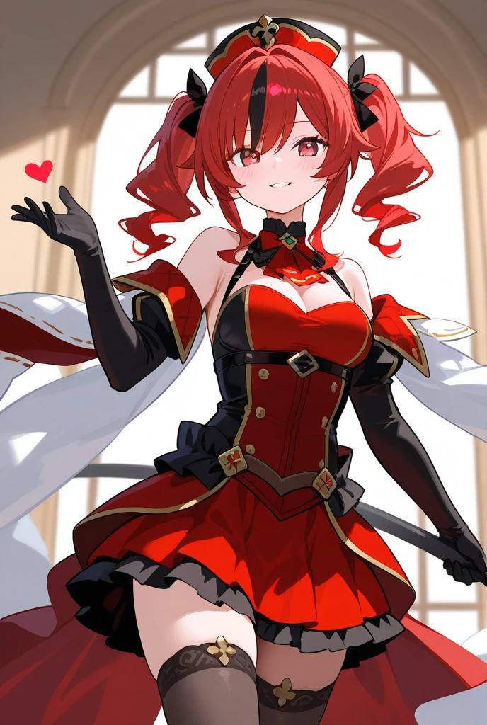 rating:safe, 1girl, gloves, red_hair, thighhighs, solo, short_hair, skirt, black_gloves, open_mouth, smile, purple_eyes, looking_at_viewer, petals, miniskirt, red_skirt, zettai_ryouiki, pleated_skirt, striped_legwear, bare_shoulders, shiny, :d, medium_breasts, breasts, shiny_hair, cowboy_shot, character_name, standing, bow, eyebrows_visible_through_hair, hair_between_eyes