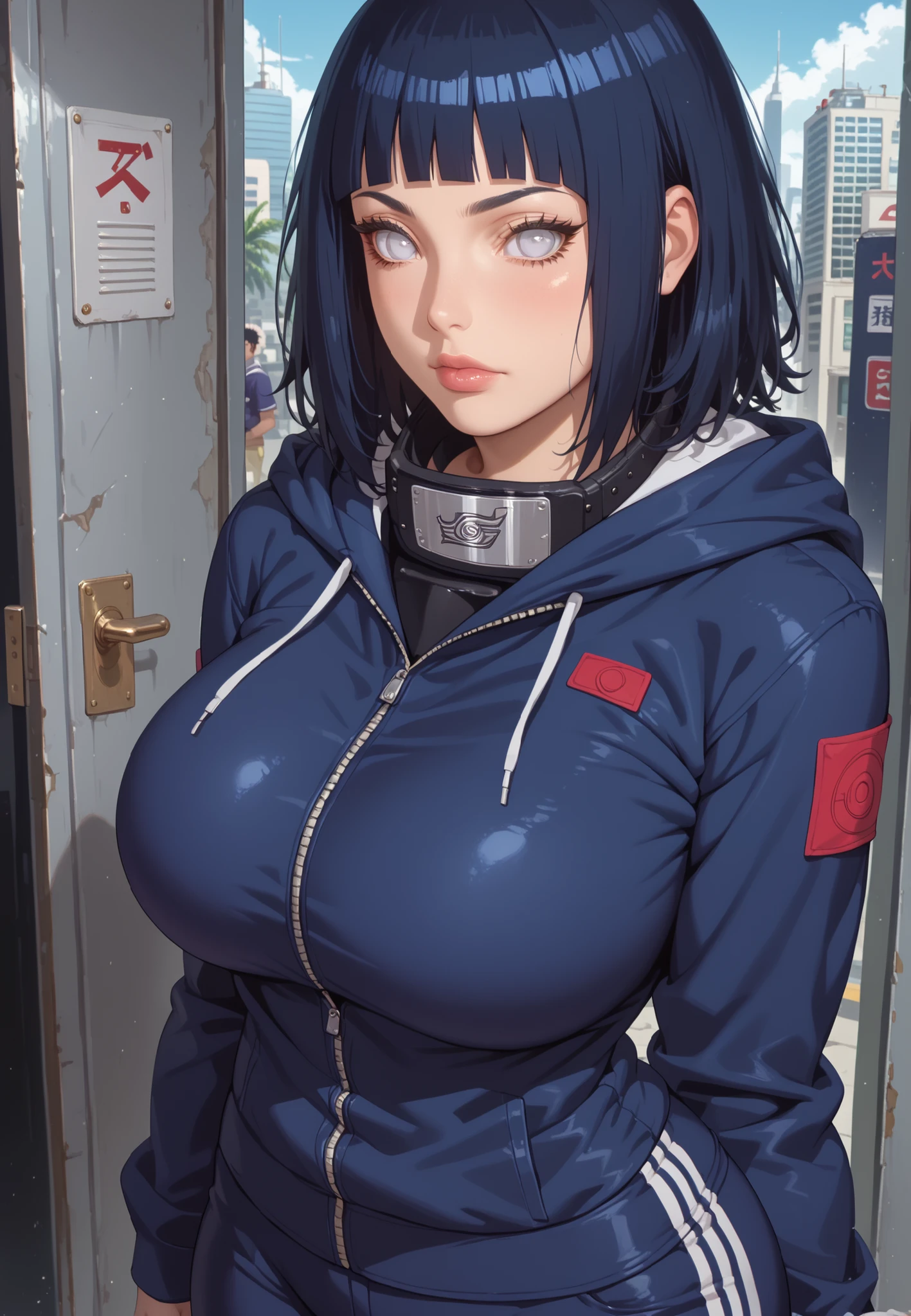 score_9,score_8_up,score_7_up,solo,looking at viewer, Hyūga _Hinata's/Boruto, White Eyes, Medium hair, Her's Long Bangs one that covers her face and the other hangs behind her head down past her shoulders,Dark Blue hair,(Future Era, Alternate Sci Fi Of Naruto Universe ) (the secret underground bar)), lustfull Female, Very Attractive Woman, Glamour Female, Huge Breasts, Perfect Body School, formal, work attire - design your absolute favorite uniform!, uniform With Hoodie, Track Pants and Mask, Detailed Eyelashes, Perfect Thick Eyelashes, Dark-Red Eyelashes, Cyber Templar Organization Leader, Standing, Full Body Focus Shot.
