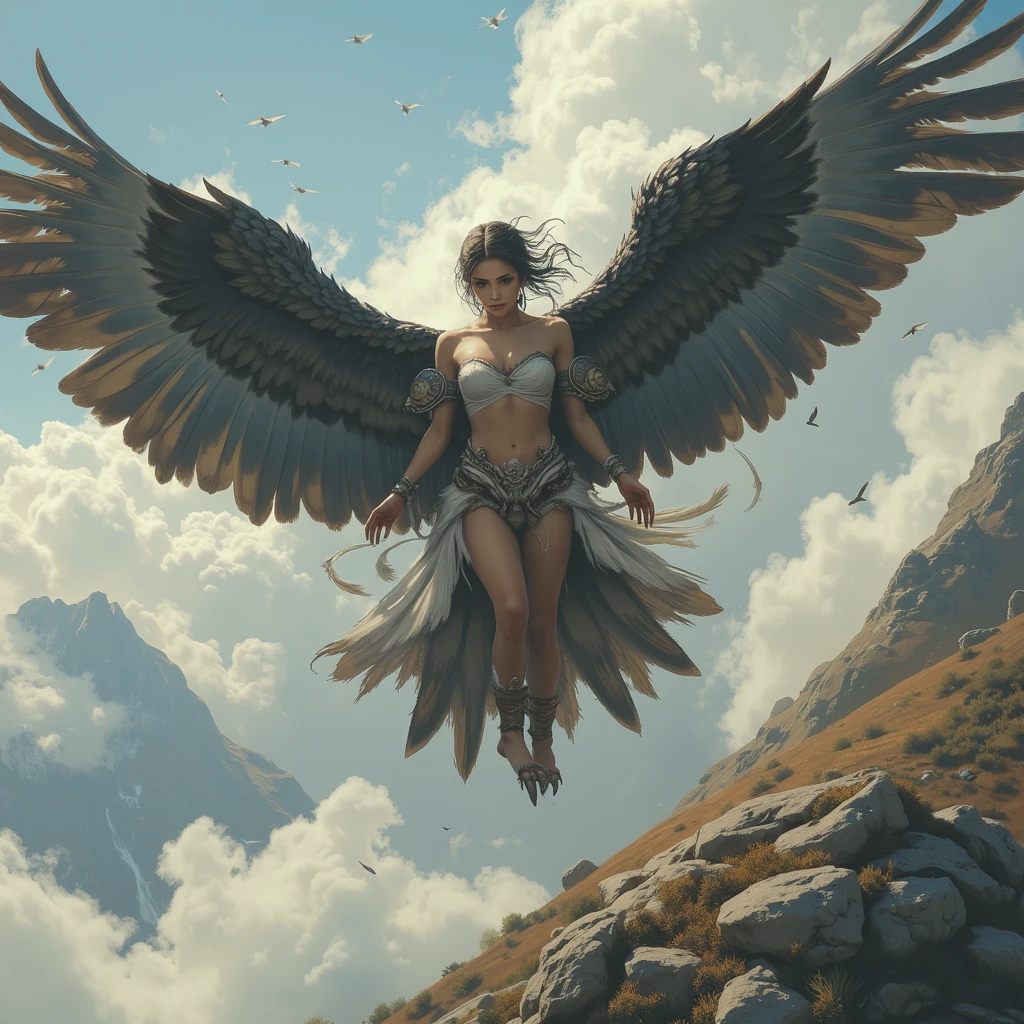 show representation of a beautiful female angel with open wings and a silk cloak here body descending from heaven to earth to help humanity she is located on top of a mountain while at the foot of the mountain peasant couple with flock of sheep an engraving by Gustave Doré, pixabay, fine arts, gustave dore style, Gustave Dore History, Gustave Doré style, gustave dore