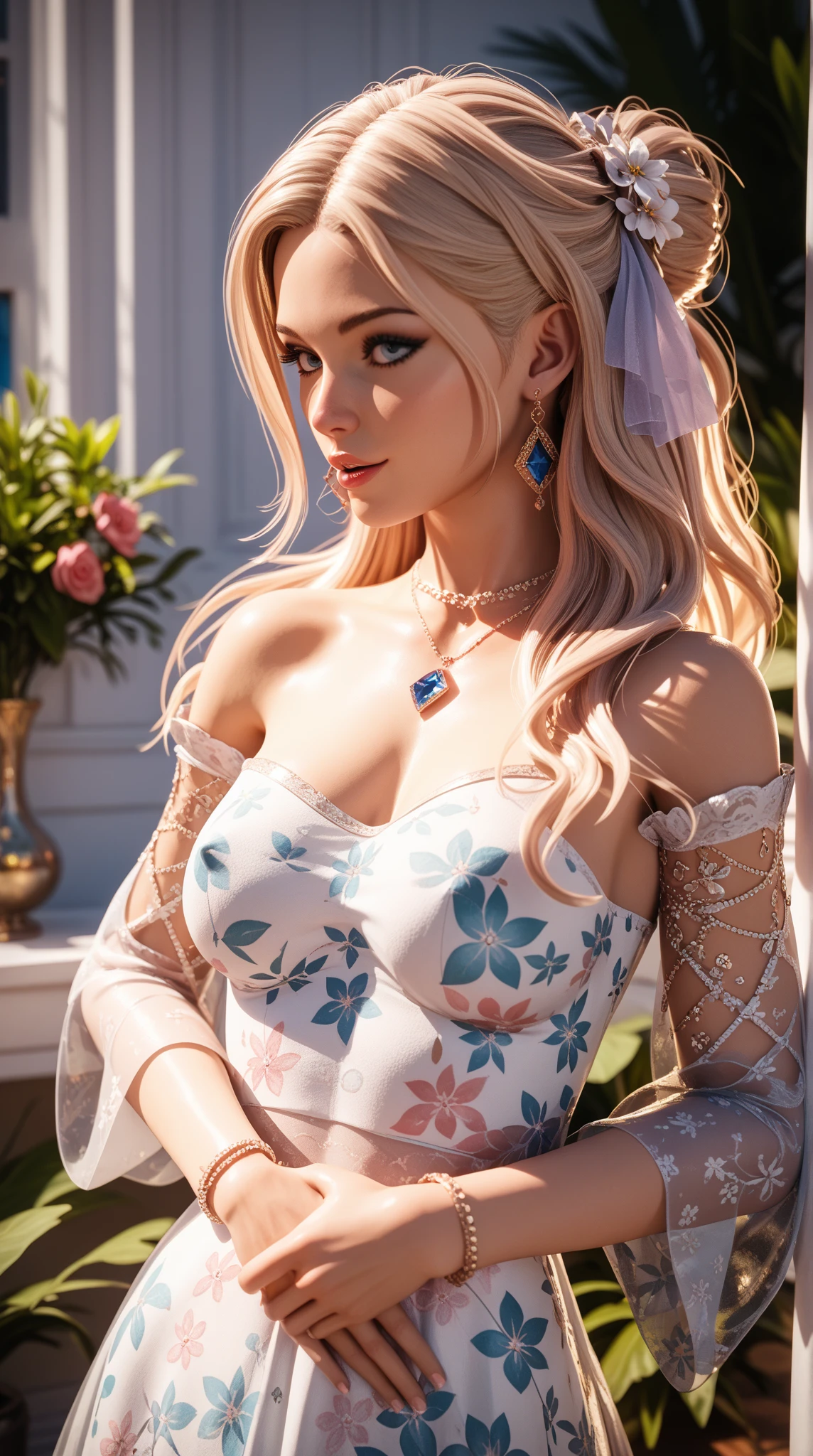 Nurses, young woman, big lips, eyelashes, makeup, blush, very long blonde hair,
curly curls, voluminous hairstyle, amber necklace, perfect eyes,
black and white aristocrat transparent dress, red wide sleeve, pink textile,
turquoise bodice, brick fortress, castle, province, soft lighting,
ultra high quality model, masterpiece, sharp focus, depth of field,
unreal engine, perfect composition, digital art on
Pixiv Fanbox, artstation, 8k, hdr