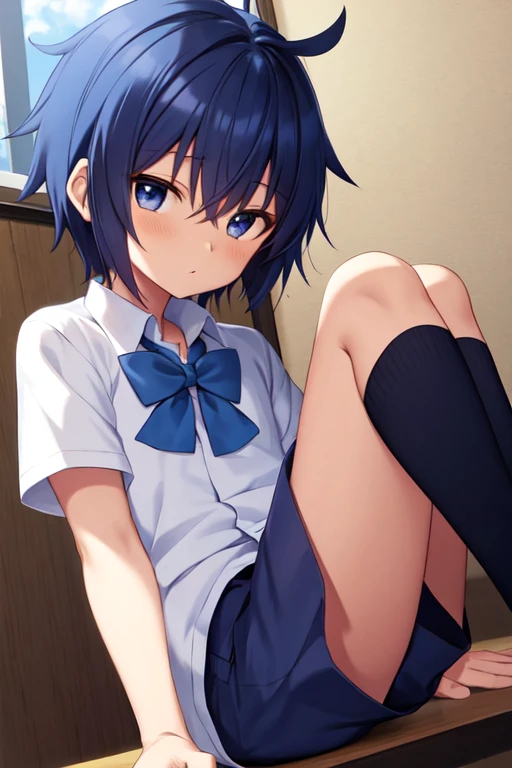 Young girl with blue hair,short straight hair and short bangs (purple eyes),, ((small bushy eyebrows)), wearing gothic lolita clothing, lolicon , medium large breast, breasts out of blouse, walking to school, bored look, bored face, , lifting her skirt to show her vagina wet with semen, having sex