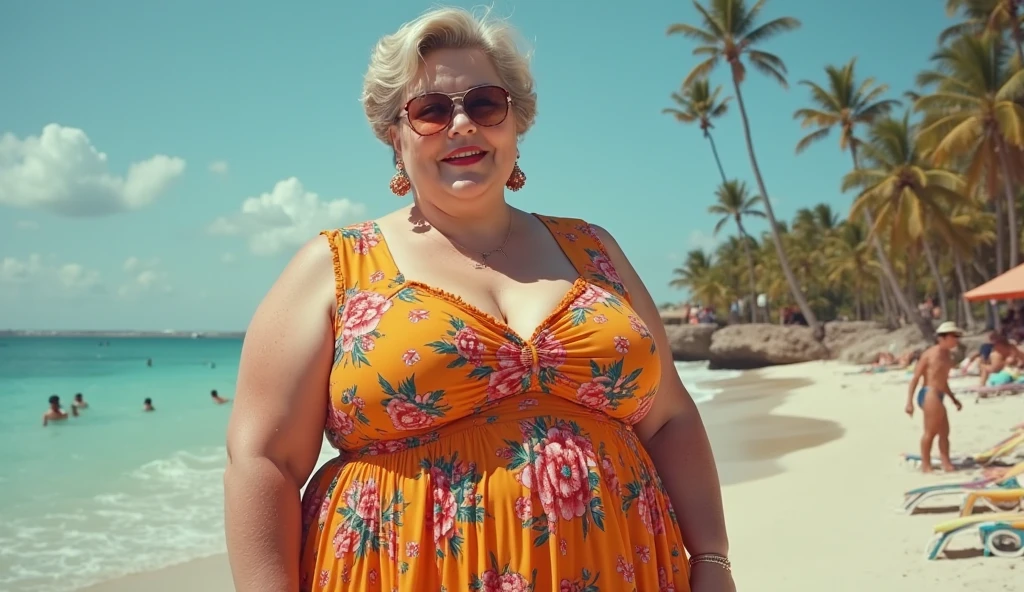 Overweight big body 60 plus aged women wearing a bikini with big worthy breasts retro-inspired dress with a cinched waist and full skirt. Use bold patterns and vibrant colors reminiscent of the 1950s.showing her breasts
Lipstick long earings she looks so hot in bikini