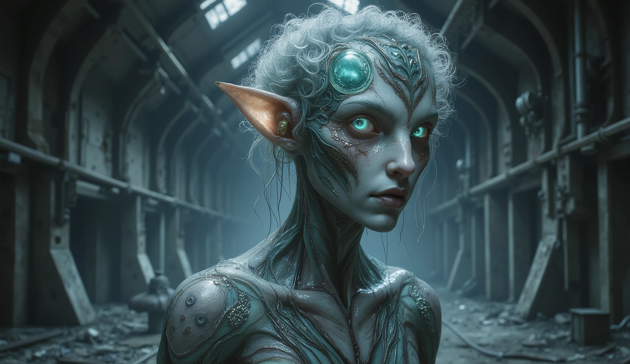 a portrait of a elf with blue eyes, in the style of realistic and hyper-detailed renderings, chilling creatures, 32k uhd, andrea kowch, peter gric, pseudo-realistic