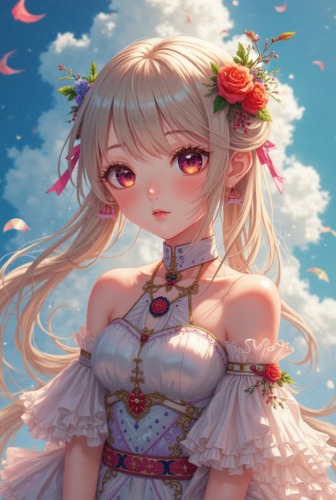 ((Biologically correct number of limbs))、4K、((standing position))、masterpiece、((focus on the face))、((Symmetrical facial features))、Eyes with detailed description、Beautiful woman、outstanding style、beautiful arms、beautiful legs、beautiful hands、(small ass、thin thighs)、Detailed depiction of faces、small earrings、necklace、(uniform、skirt、high heels、stockings)、background full bloom flowers、long hair、((Wide white border on all four sides))、smile、big eyes、Jumping out picture、high angle、close up of face