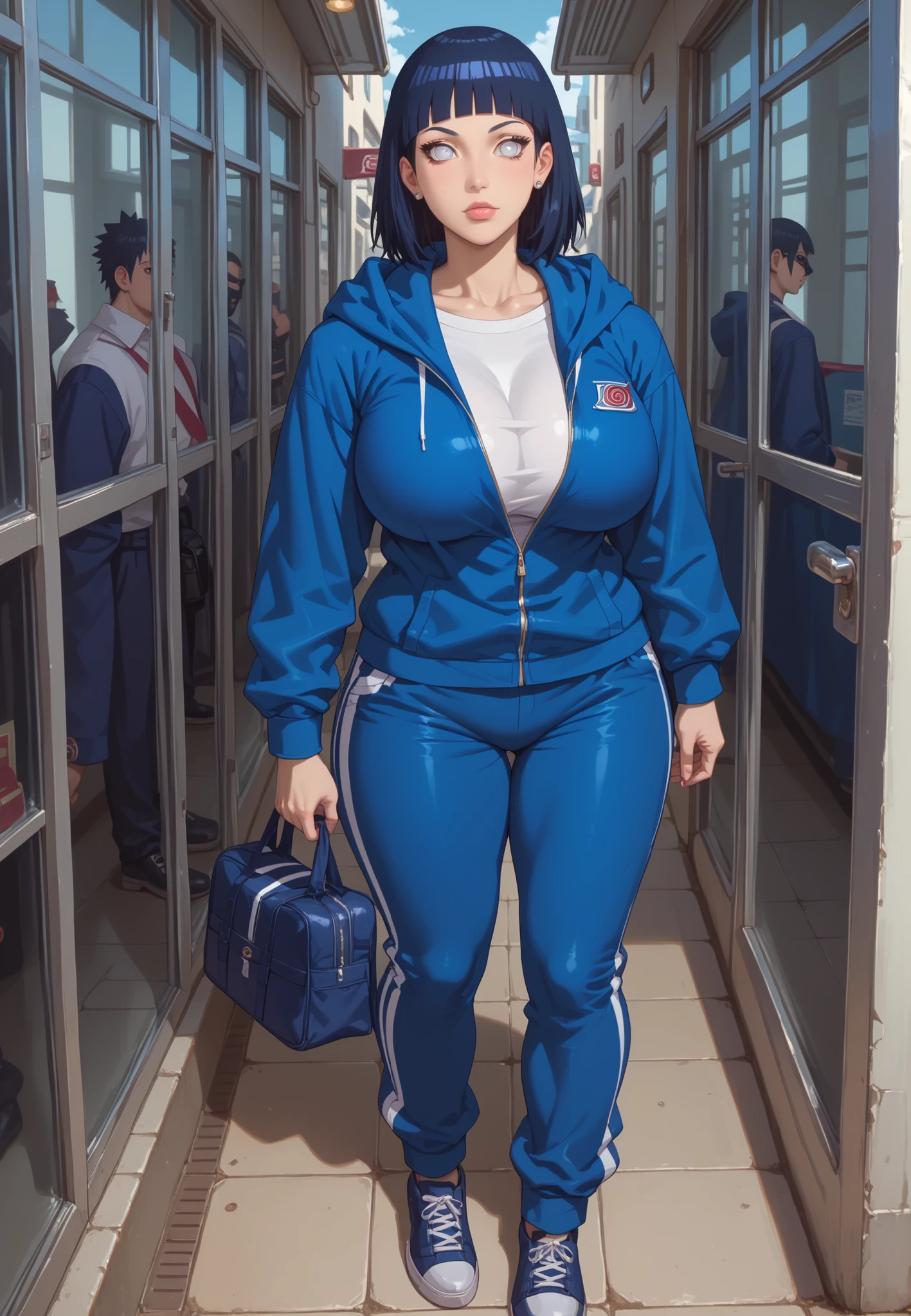 score_9,score_8_up,score_7_up,solo,looking at viewer, Hyūga _Hinata's/Boruto, White Eyes, Medium hair, Her's Long Bangs one that covers her face and the other hangs behind her head down past her shoulders,Dark Blue hair,(Future Era, Alternate Sci Fi Of Naruto Universe ) (the secret underground bar)), lustfull Female, Very Attractive Woman, Glamour Female, Huge Breasts, Perfect Body School, formal, work attire - design your absolute favorite uniform!, uniform With Hoodie, Track Pants and Mask, Detailed Eyelashes, Perfect Thick Eyelashes, Dark-Red Eyelashes, Cyber Templar Organization Leader, Standing, Full Body Focus Shot.