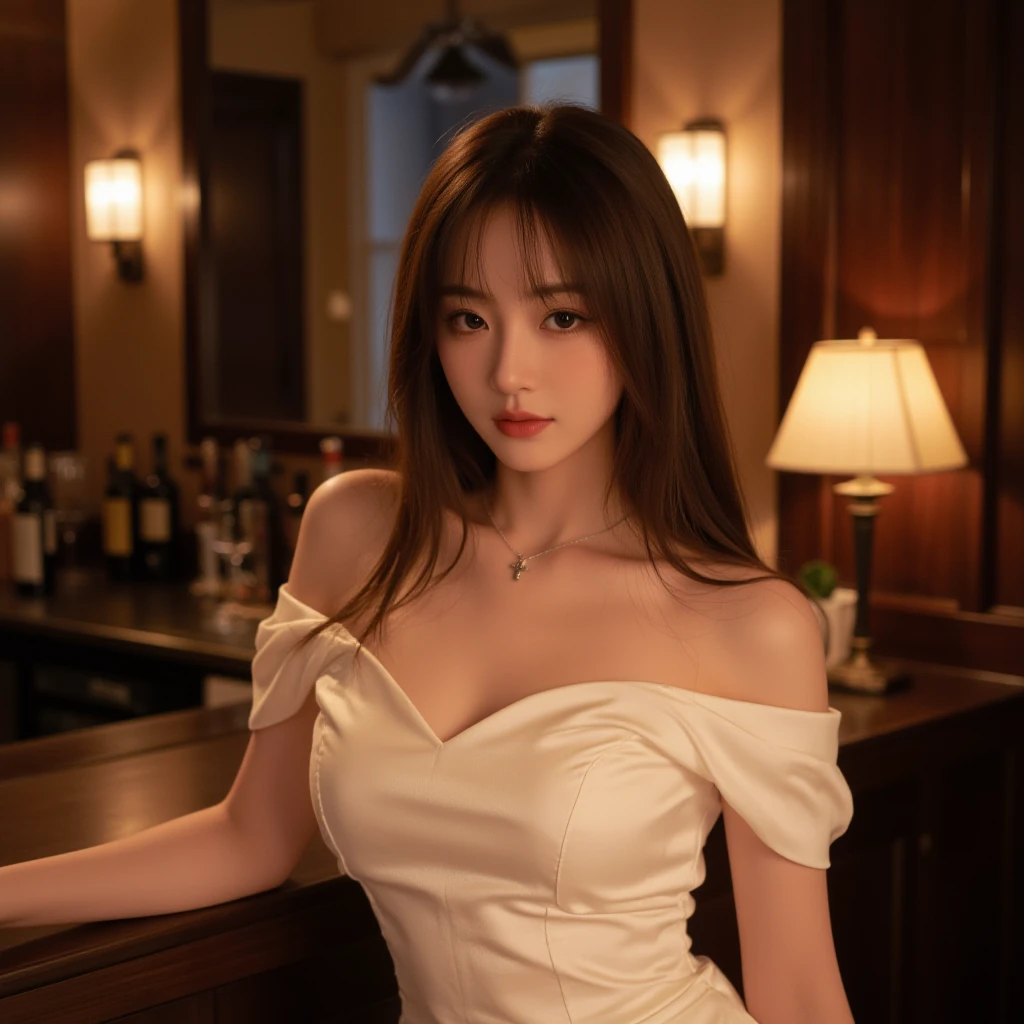 beautiful female face, sharp focus:1.2,perfect beauty: 1.4 , ((realistic lighting, best quality, 8k)),A slim woman sits at a table holding a drink and a cell phone, korean girl, beautiful south korean girl, gorgeous young, 19 year old girl, beautiful young ,Heonhwa Choi, slim woman pictures, Jaeyeon Nam, Best Face, Larissa Manoval, slim woman pictures model, Three-dimensional, Looking at the camera,Long hair flowing over shoulders,sexy, big bust,Visible cleavage