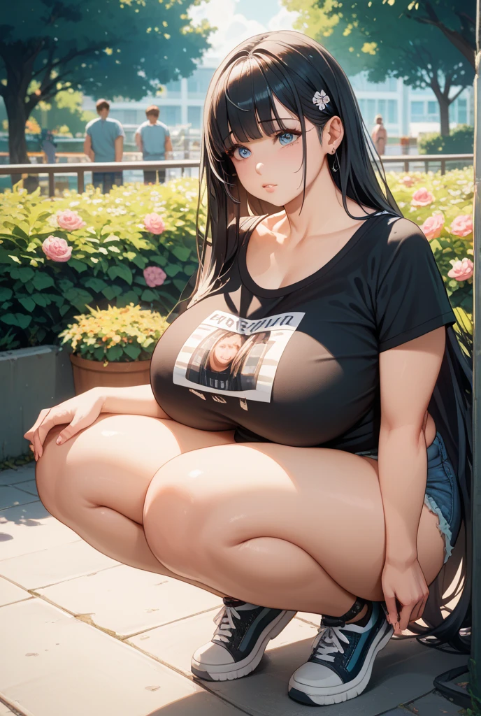 (highest quality:1.1) Masterpiece:1.2, anatomically correct body, high quality shadow, beautifully sculpted every detail, fine eyes with long lashes, off-shoulder outfit revealing ample cleavage, depth of the bounds carefully written, high resolution image, best shadow and illumination, 1 girl with a shy gaze, brushing the extra-short hair away from her damp bangs, long black hair falling in loose waves around her face, a hint of blush on her cheek, big breasts peeking out from a mini skirt, wearing a swimsuit with a pump for the perfect beach look, a green sea backdrop with fluffy white clouds, wearing glasses for a