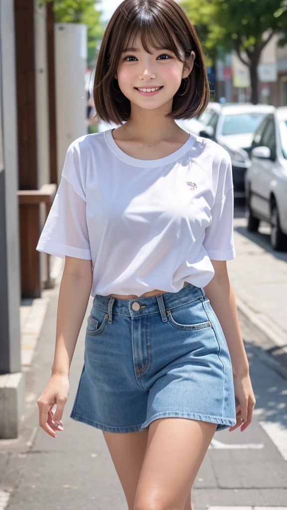 Sunburn marks on tanned skin、blush、Blonde short wavy hair,A cute 17-year-old girl with a cute look, A strong wind blows my hair in front of my face、Beautiful big sparkling eyes, Cute eyes hidden by long bangs、Yawn、No visible nasolabial folds、A short, light-colored miniskirt、A summer shirt with cute colorful patterns、Korean Beauty、Cheeks