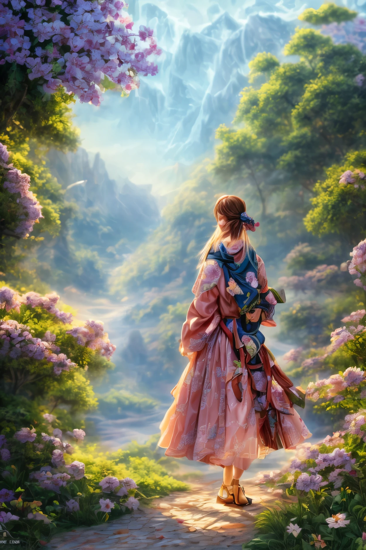 Best Quality, high_resolution, distinct_Image, detailed background ,Girl, Hanboks,flower,garden,officer, evening,