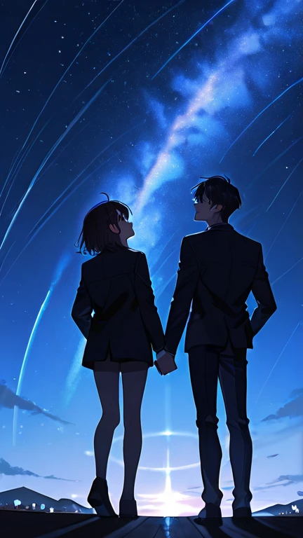 gay male relationship,smiling,wind,GAP fasion style ,Two gay men looking up at the night sky、starrysky、Rear view、natta、jaket、Movie Posters、japanese animation style,full body,scenery