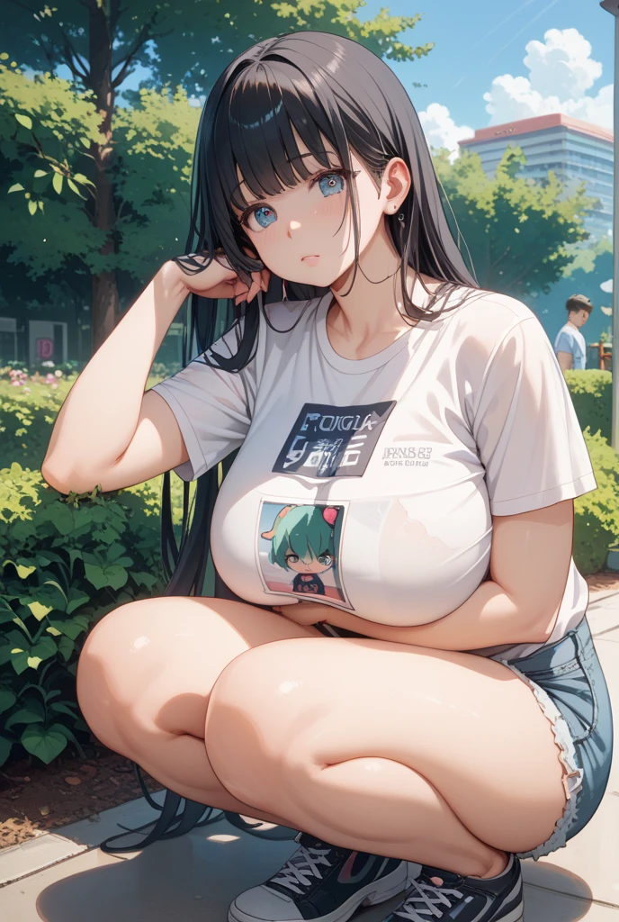 illustration:Ultra-delicate,Green underwear,Denim shorts,long hair,Longing expression,Large Breasts,Sitting on the grass