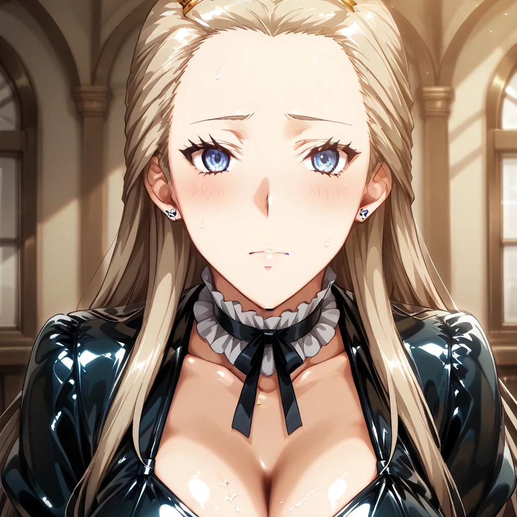 ((Correct Anatomy)),((prosecutor)),Ultra-high resolution,Mature Woman, Mature Woman, Very detailed,Sunburned skin,Brown Skin,(Big Breasts),Perfect hands, Detailed fingers, Beautiful details, ((Long blonde hair)),((ponytail)),Black Choker, Earrings,High heels,Embarrassing,Perfect Eyes, Captivating eyes,Blue Eyes