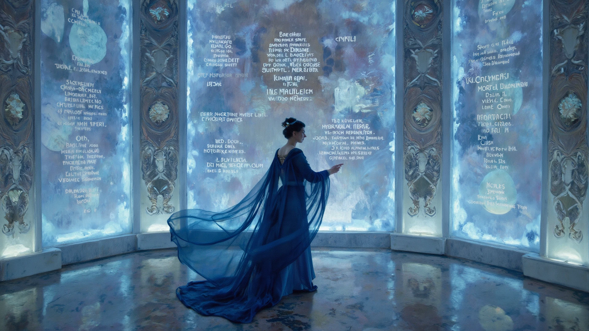 perfect bimbo masturbating on the floor, Castle towers, Harry Potter, Ravenclaw, lounges, arched windows, blue silk hanging on the walls, domed ceilings painted with stars, dark blue carpets with stars, tables, chairs, bookshelves on the floor,