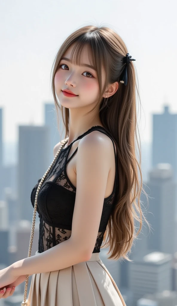 Beautiful Japanese Waifu, early 30s, brunette hair, black top, watch