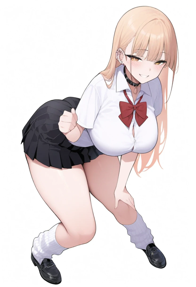 masterpiece、highest quality、Cute school girl、Blonde、Braided Hair、Big Breasts、Nipple erection、White shirt、Too short pencil skirt、Plump body、Thin knee socks、Wearing dark blue full back panties、Angle from below、Grinning face、blush、Sweaty、Wet costume、Panties are in full view、Doing squats