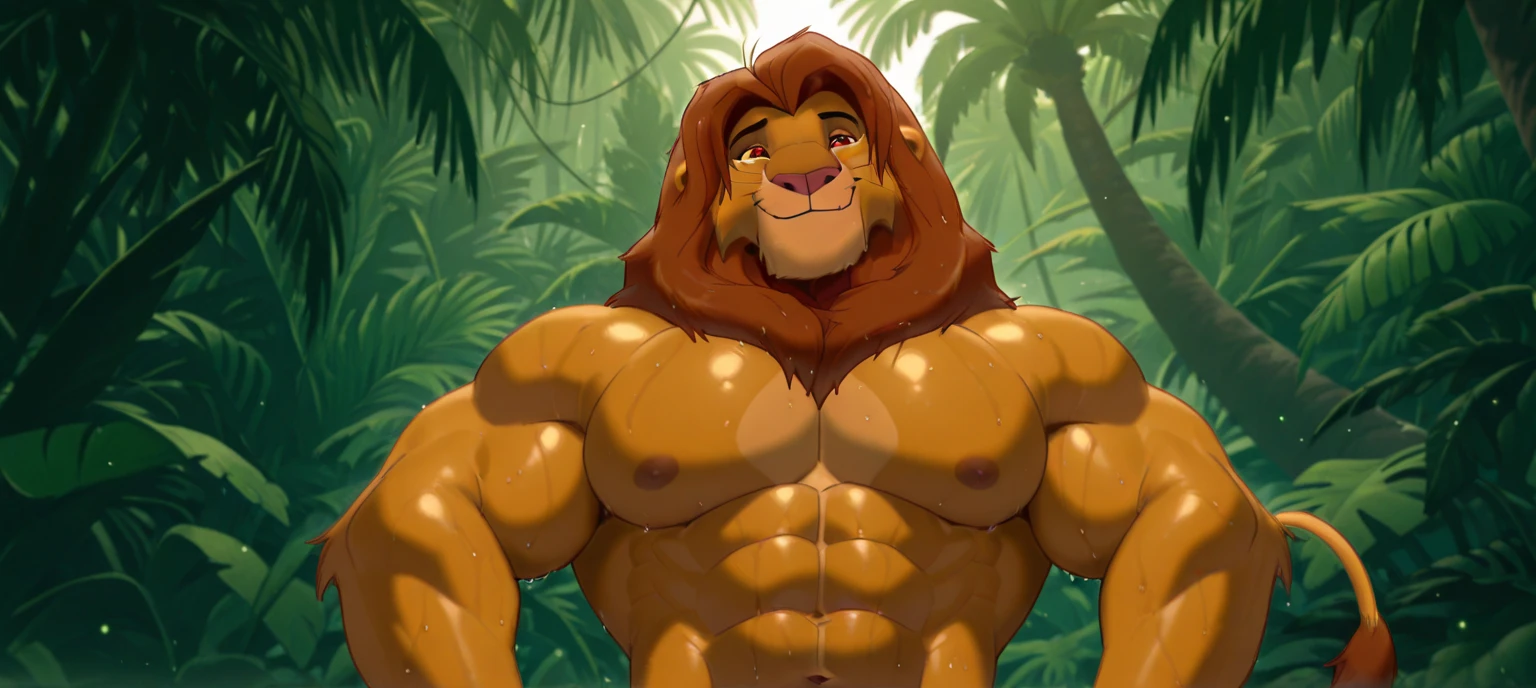 a male lion with a long flowing blonde mane, beautiful detailed eyes, massive and obese body, big belly, fat belly,muscular arm, muscular pectorals, in a garden, shirtless, portrait, big smile, paw in front of the face to hide the eyes from the sun, (best quality,8k,highres,masterpiece:1.2),ultra-detailed,(realistic,photorealistic,photo-realistic:1.37),HDR,UHD,studio lighting,ultra-fine painting,sharp focus,physically-based rendering,extreme detail description,professional,vivid colors,bokeh,cinematic,extremely detailed eyes and face, corect anatomy