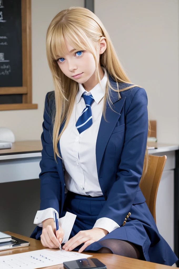 Hot girl, yellow hair, blue eyes , sexy pose, school clothes
