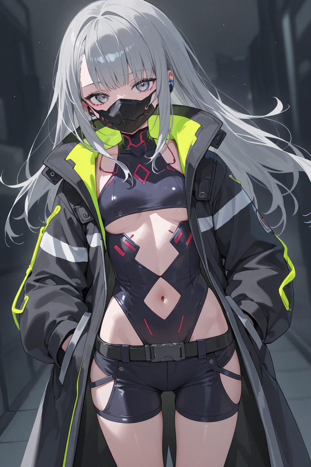 Masterpiece, best quality, perfect lighting, 1girl, solo, white hair, puffy hair, ponytail, orange eyes, dark-red cropped jacket, black bikini, black utility pants, breasts, looking at viewer, overcast, dystopian background, ambient lighting, smug, slight smile,