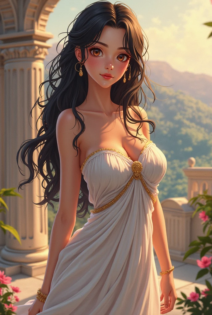 Beautiful adult woman with black hair and amber eyes with perfect curvy anatomy, Ancient Greek clothing in black,anime style