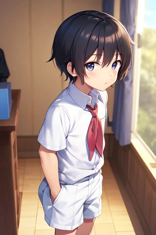 a boy sitting in a bedroom, wearing a white long sleeve shirt and black underwear, viewed from the side,