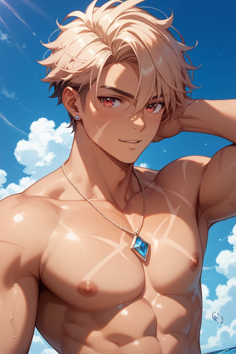Absurdres masterpiece HDR high quality picture of Handsome boy , handsome face, detailed face, green hair , very Short hair, ((messy cut hair style:1 )) , pink eyes , light skin , ((muscular:1)),masculine ,age 18 ,
Wearing a summer shorts , topless , a cross pendant, beautiful background, masterpiece scenery