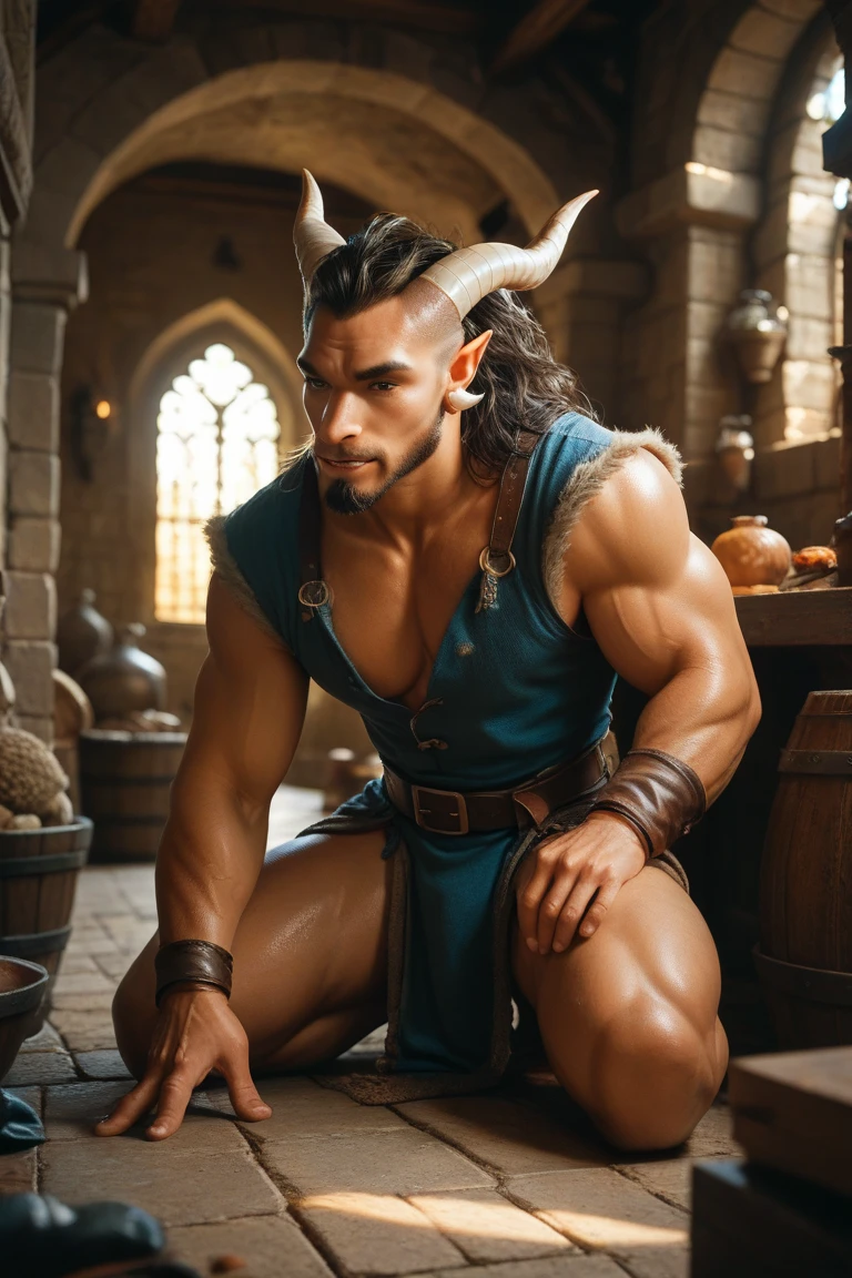 male, bara, massive pecs:1.35, fur legs, fur, fur pants, goatlike legs, goatlike, satyr, horn, long black hair
