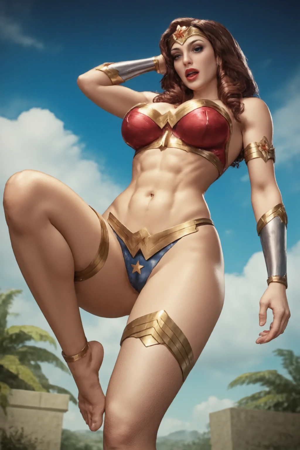 NSFW (red bikini) (Supergirl ((human)) medium breasts, cameltoe) fully body, walking on a deserted beach