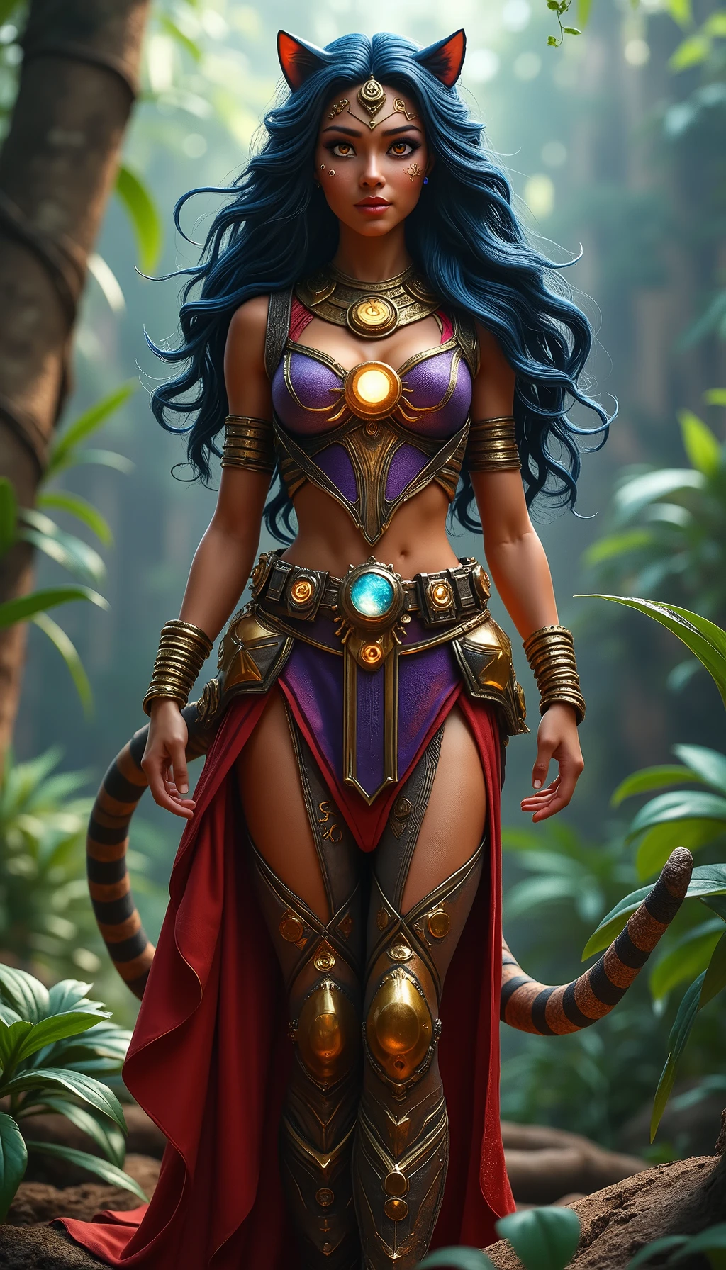 She walks the stars like a queen of storms, bearing the tail of a forgotten beast and the wisdom of a thousand worlds, a woman in the jungle, pose like a panther, shimmering bronze skin, subtly glowing with runes, bright gold eyes, long hair and flowing, deep midnight blue hair, panther tail, fitting bodysuit (deep cosmic violet, gold), ornate emblem resembling a solar sigil at chest, flowing translucent mantle, bare feet, floating sigil stones orbiting her waist, armlets, anklets, circlet, full body, Realism, Futurism, ray tracing, glowing light, reflection light, cowboy shot, from above, f/1.8, Eye-Level Shot, UHD, masterpiece, accurate, anatomically correct, super detail, best quality, 8k