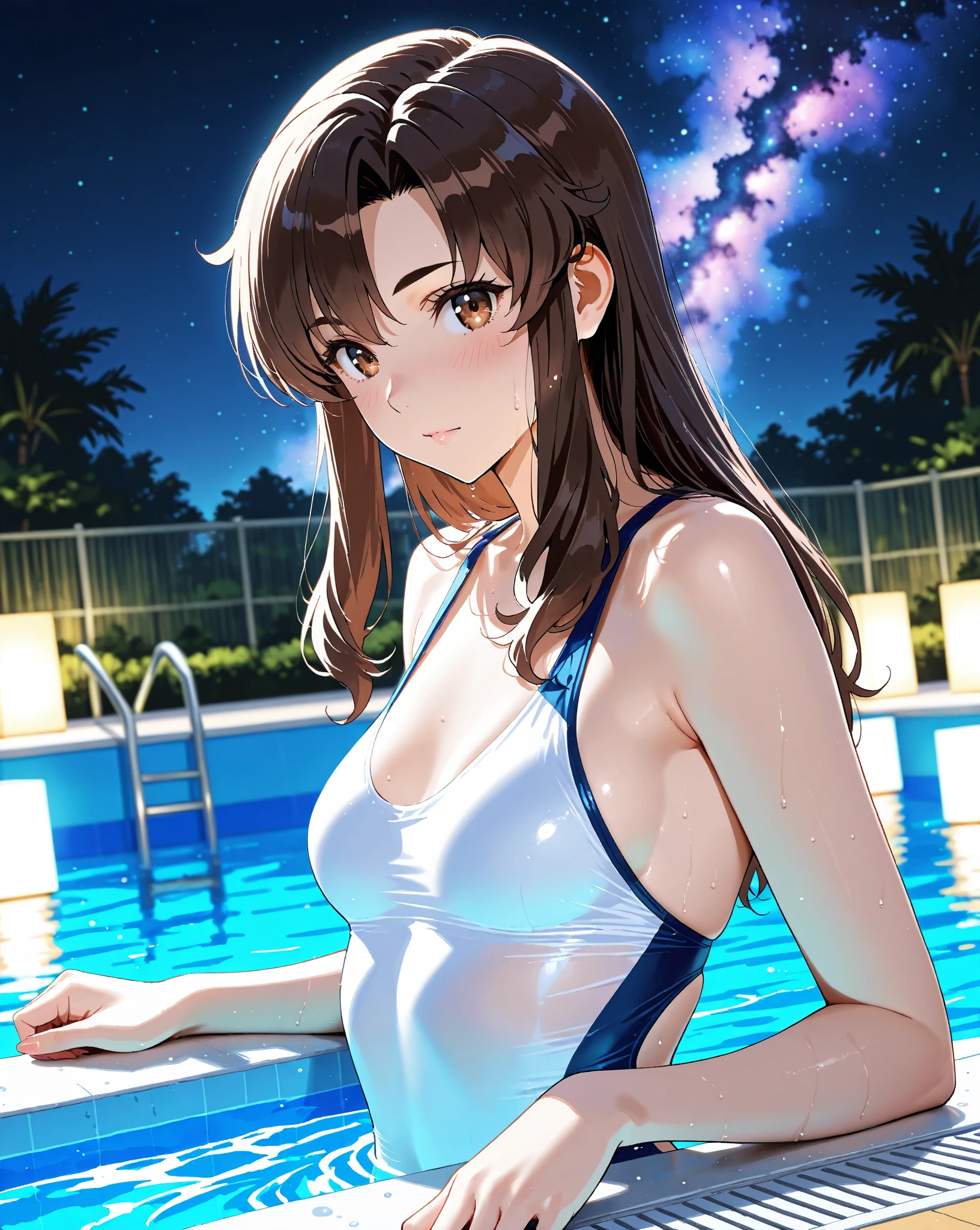 Mirai Kasuga, (highest quality, 8k, masterpiece, Very detailed:1.2), (Lens flare, Particles of light, Shine), Big Breasts, smile, Open your mouth, masterpiece, highest quality, Very detailed, High resolution, Very detailedなCG, (Official Art), Off the shoulder, Sailor swimsuit, (Embarrassing:1.1), (blush:1.2), Open your mouth, ((Spread your legs)), (shout:1.1), (Moving lines:1.1), night, Night Pool, Cowboy Shot