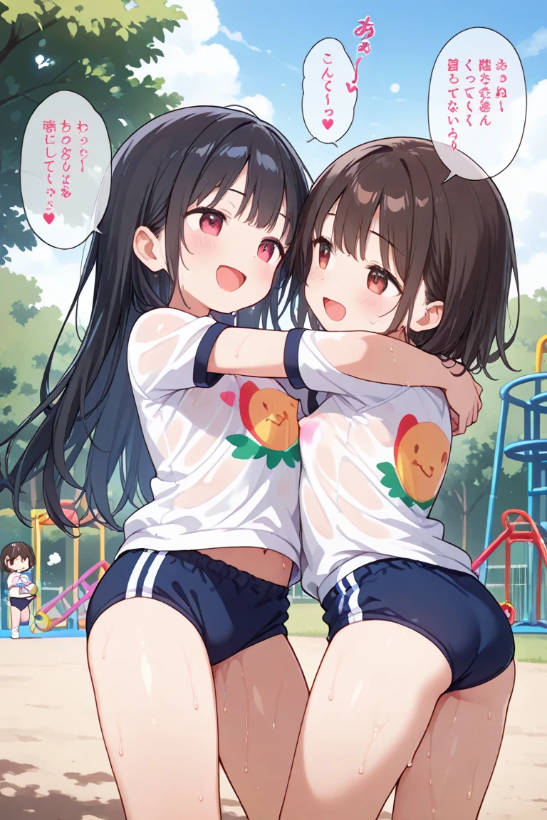 Men holding penises and surrounding a girl、Teasing Smile、、From the penis、、のためのBukkake、Thick thighs crowded together、 8-year-old、Small breasts、Low length、Young Face、Navy blue school swimsuit、Mesugaki Smiles、In the park during the day、Bukkake、Mouthful of cum、